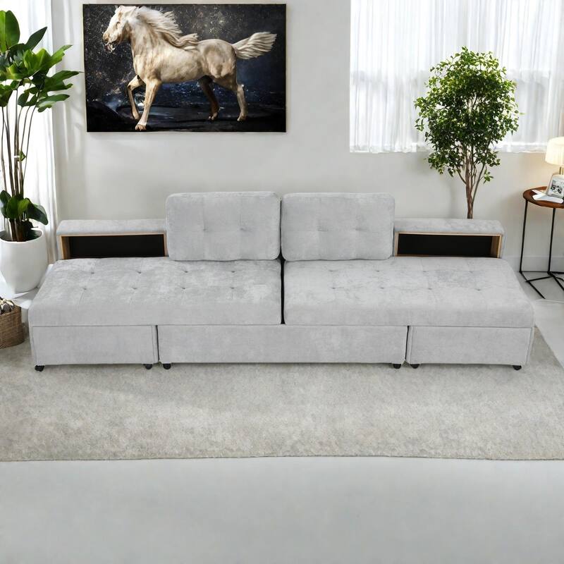 121.2" Chenille Modular Sofa Bed with Two Storage Racks, Free-Combined Design, and Smooth-Rolling Wheels - Gray