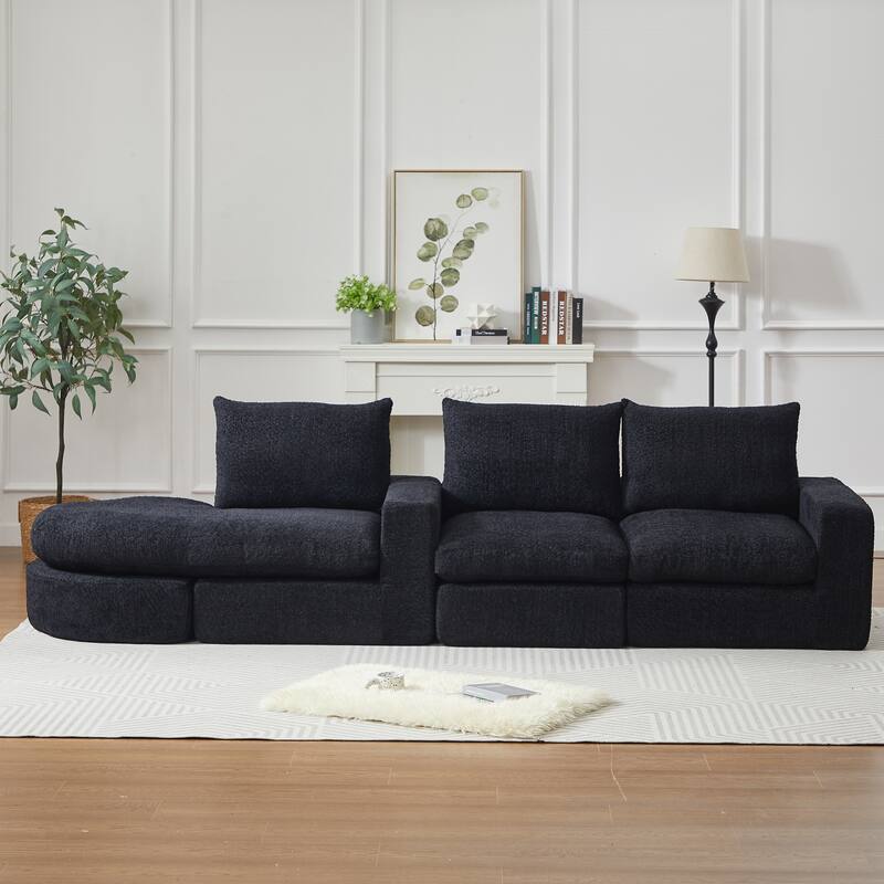 Curved Sectional Sofa with L-Shape Chaise, Chenille Upholstered Boneless Cloud Sofa, Modular 4 Seat Corner Sofa with Cushions