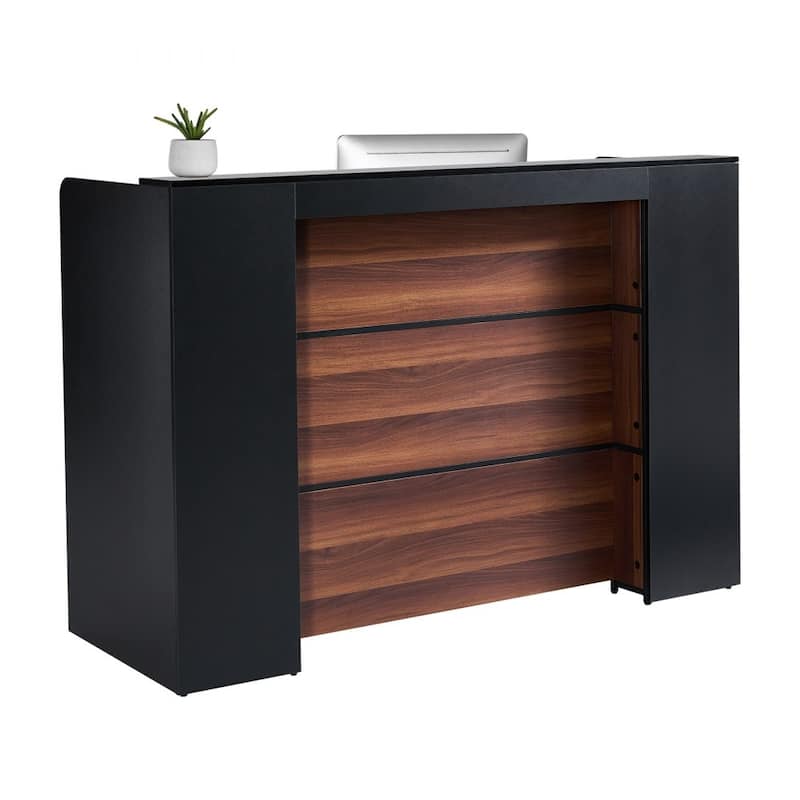 Black and Brown MDF Reception Desk with LED Lights, Spacious Waterproof Laminate Top