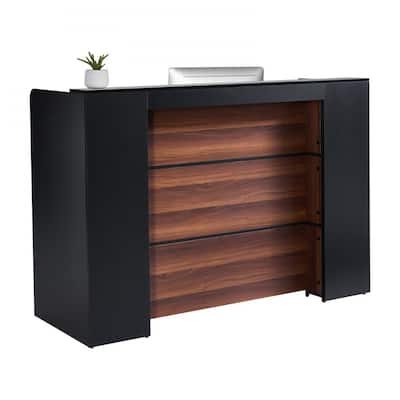 Black and Brown MDF Reception Desk with LED Lights, Spacious Waterproof Laminate Top