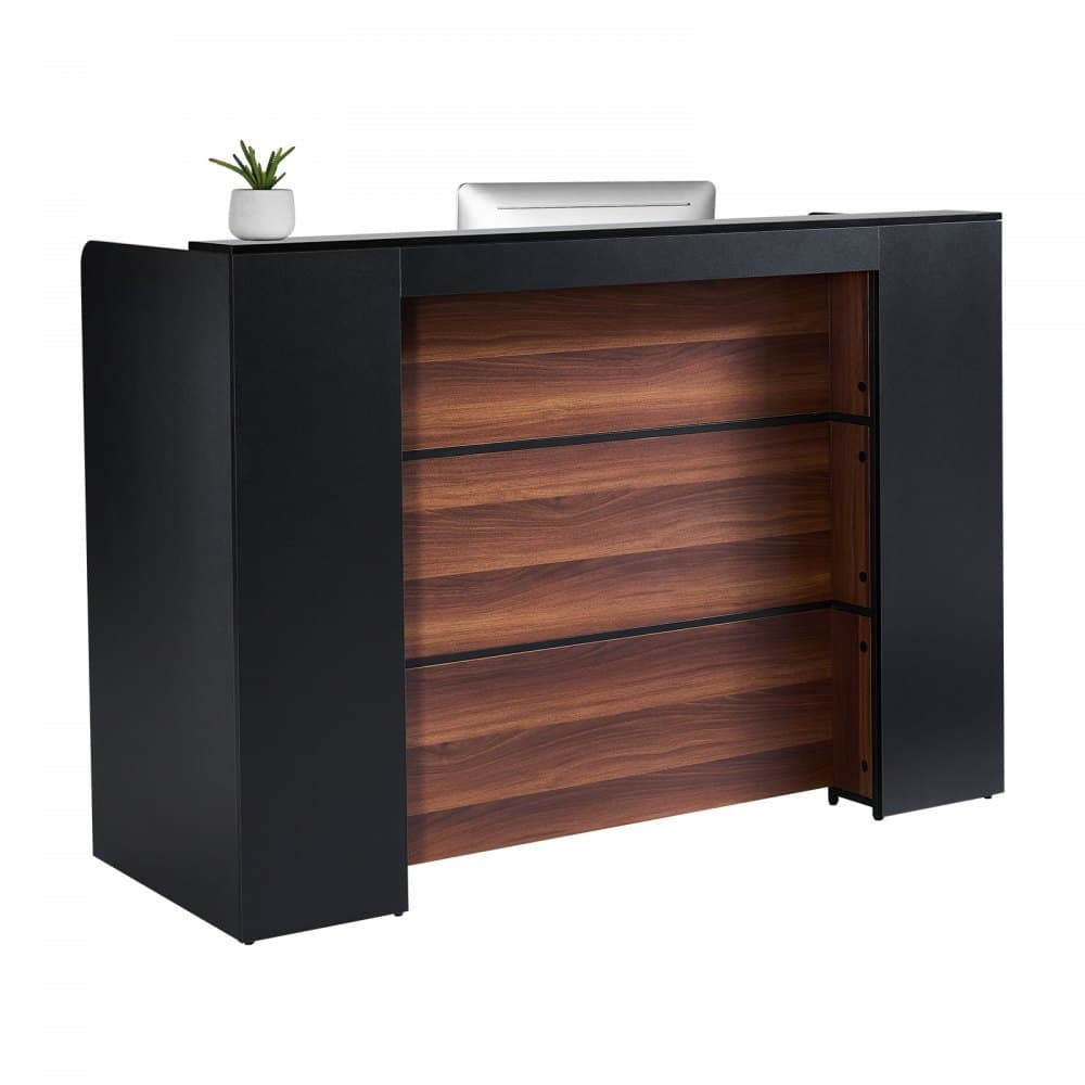 Black and Brown MDF Reception Desk with LED Lights, Spacious Waterproof Laminate Top