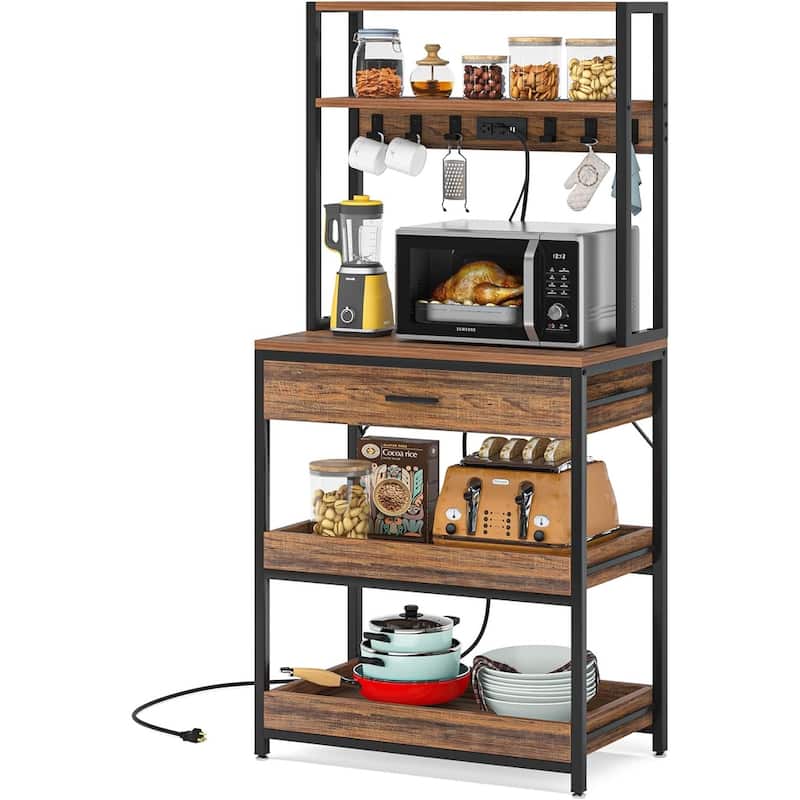 5-Tier Kitchen Bakers Rack with Power Outlets USB Ports, Metal Frame & Particleboard Shelves, Pull-Out Drawer
