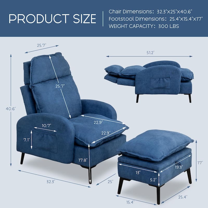 HOMYKA Upholstered Lounge Accent Chairwith Adjustable Backrest Storage Ottoman