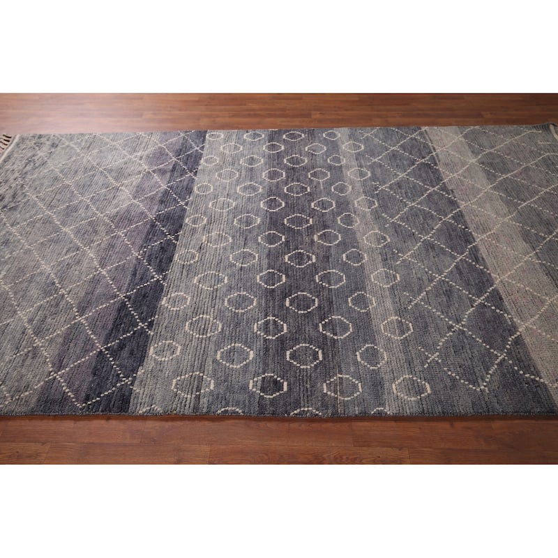 Grays & Blues Trellis Moroccan Oriental Rug Hand-Knotted Wool Carpet - 5'11"x 9'8"