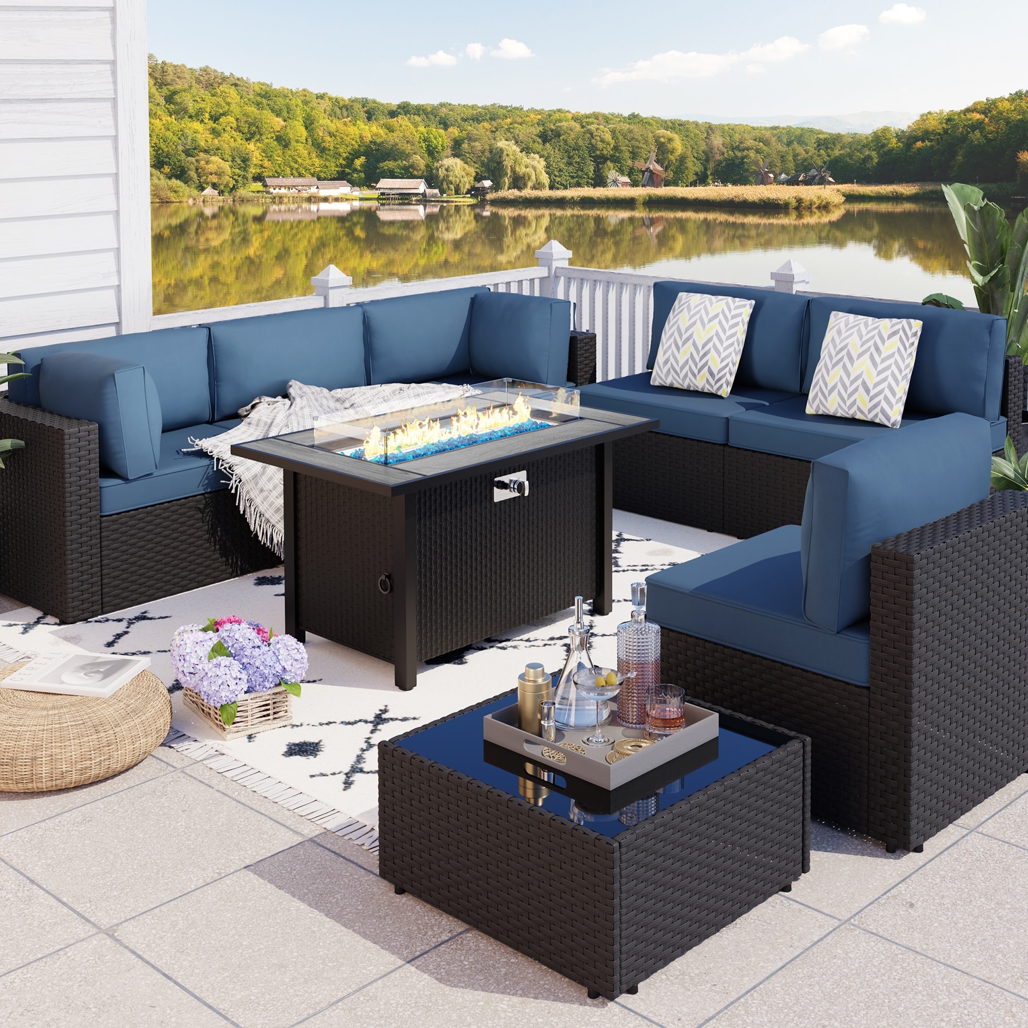 8 Piece Outdoor Sectional Seating Group with Fire Pit Table