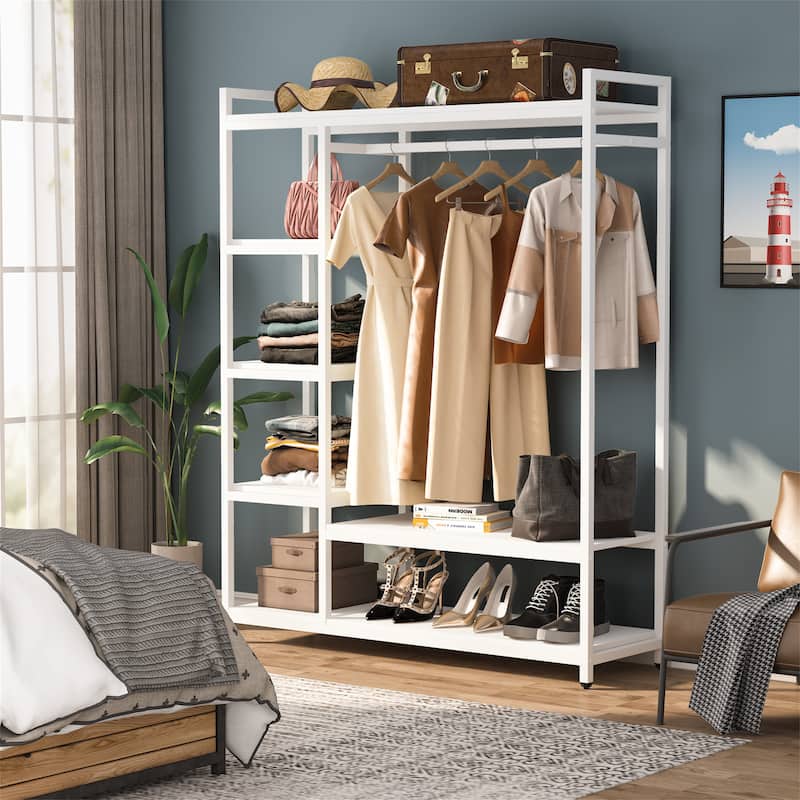 Black/ White Modern Clothes Garment Rack,Metal and Wood Closet Rack Closet Organizer System with Hanging Rod and Shelf