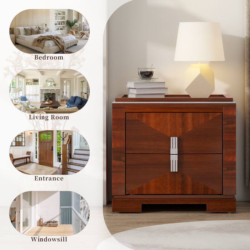 Mid-Century Modern 2-Drawer Diamond Wood End Table with Storage - Dark Brown