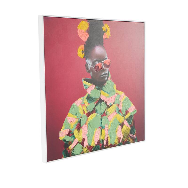 Pink Canvas Chic Woman Living Room Framed Wall Art with Green and Yellow Dresswear