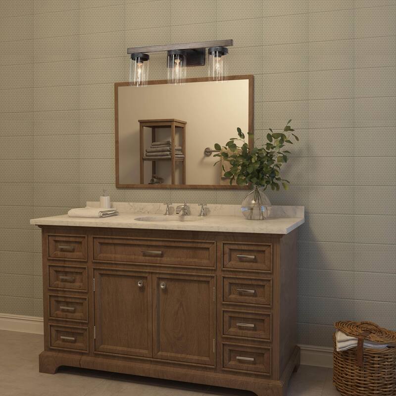 Fora Modern Farmhouse Glass 3-Light Bathroom Vanity Light Wood Grain Wall Sconce - Grey - L21.7'' * W5.5'' * H8.5''