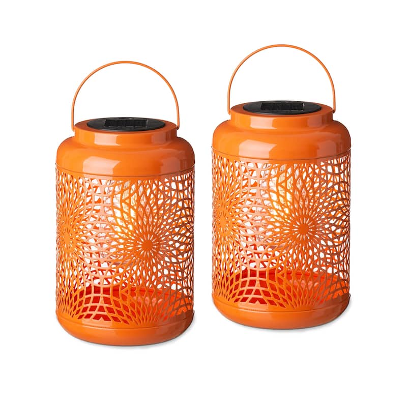 Glitzhome 8.75"H Outdoor Waterproof Metal Solar Hanging Lantern with Flower Leaves Decor