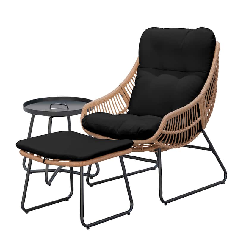 Chaise Lounge Chair with Ottoman and Coffee Table, Wicker Egg Chair Oversized Rattan Patio Cozy Chairs with Footstool