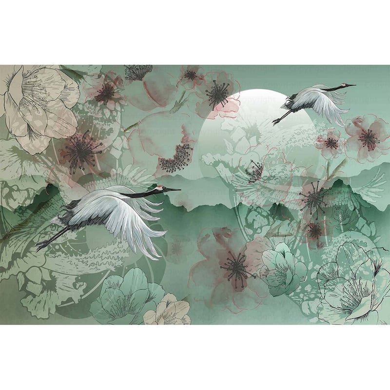 Serene Cranes and Blossoms Wallpaper Mural