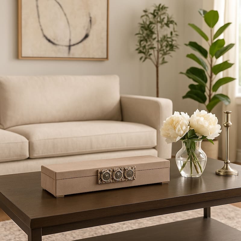 Modern Felix Suede Gemstone Decorative Box with Lid - 18", Ivory - 18.0"