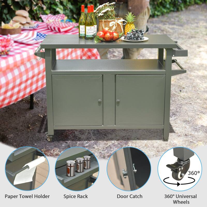 GDFStudio - Holden Outdoor Metal Grill Cart with Storage Cabinet and Rolling Utility Table for Patio BBQ Use