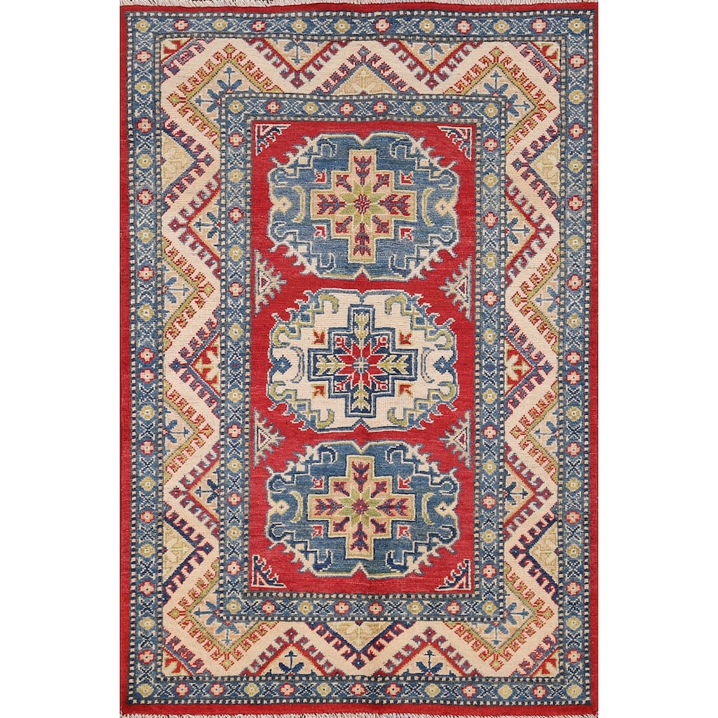 Geometric Kazak Accent Rug Hand-Knotted Red Wool Carpet - 3'3" x 4'9"