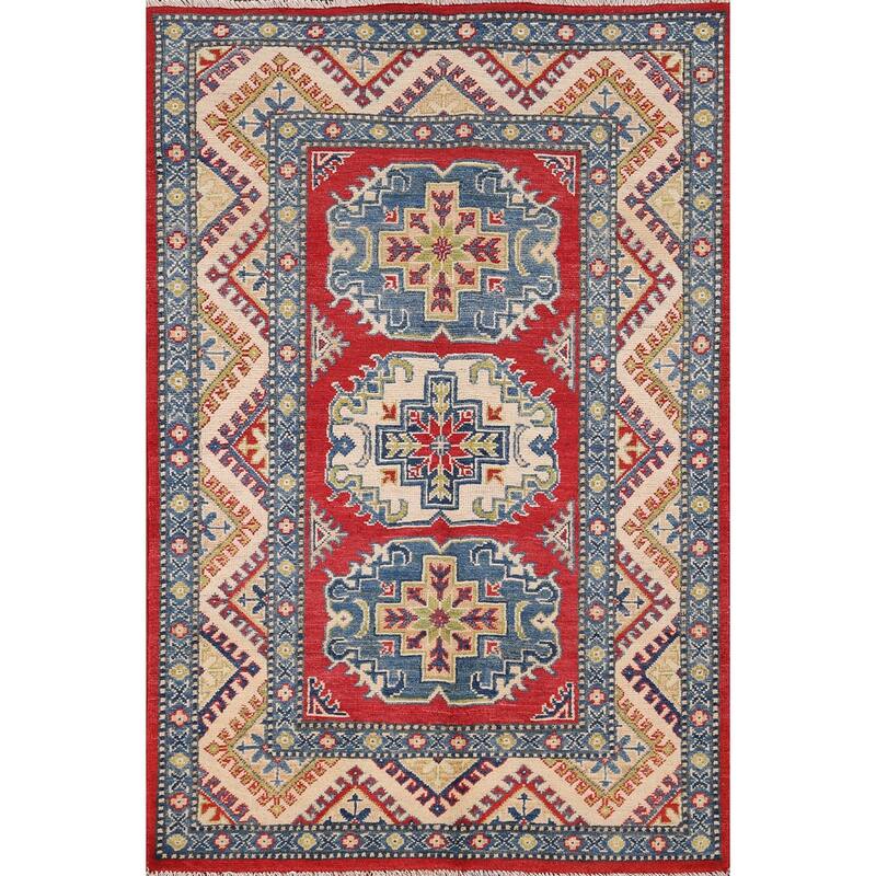 Geometric Kazak Accent Rug Hand-Knotted Red Wool Carpet - 3'3" x 4'9"