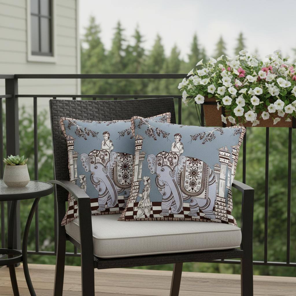 HomeRoots Set of Two 16" X 16" Blue and Brown Elephant Blown Seam Floral Indoor Outdoor Throw Pillow - 16.00' X '16.00' X '5.00