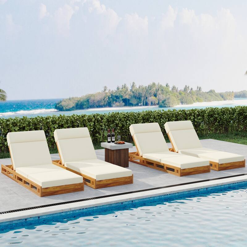 Roomfitters Outdoor Acacia Wood Chaise Lounge with Headrest and 4-Inch Triple-Fold Beige Cushions