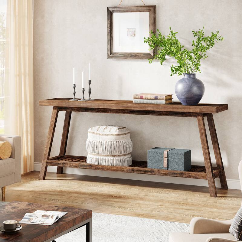 70.9 Inches Farmhouse Console Entryway Table, 2-Tier Grey Sofa Tables - Brown - Wood