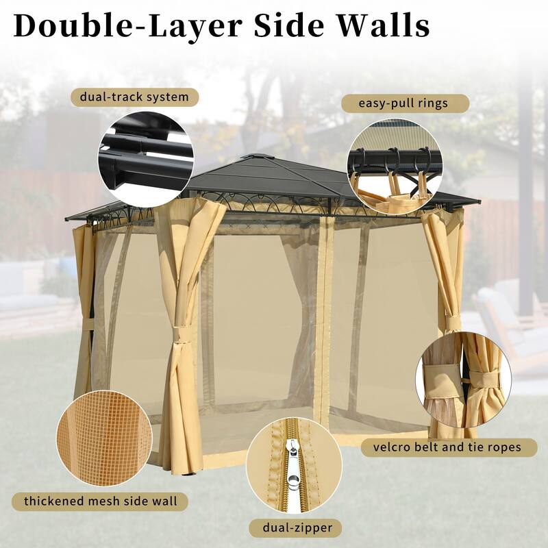 10'x10' Hardtop Outdoor Gazebo with Mosquito Netting and Privacy Screens by Leisure Zone