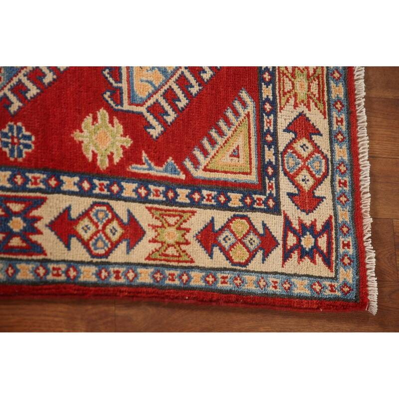 Geometric Kazak Oriental Accent Rug Hand-Knotted Red Wool Carpet - 2'7"x 3'8"