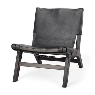Elodie Black Genuine Buffalo Leather w/ Dark Brown Stained Solid Beechwood Frame Accent Chair - 24.4"W x 33.9"D x 30.7"H
