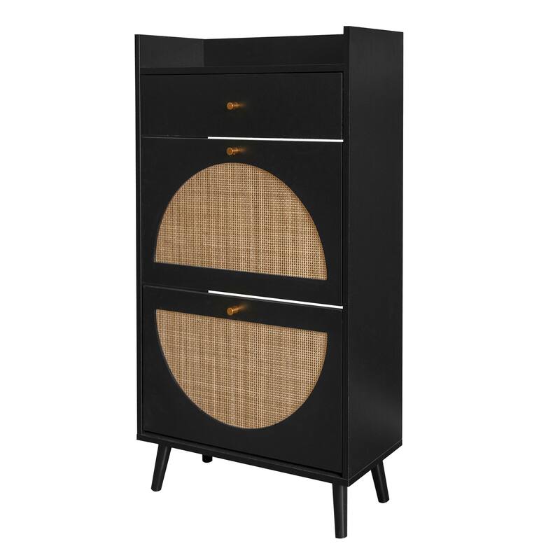 Entryway Shoe Storage Cabinet, Freestanding Rattan Shoe Rack, Shoe Organizer with 2 Flip Drawers & 1 Pull-Out drawer