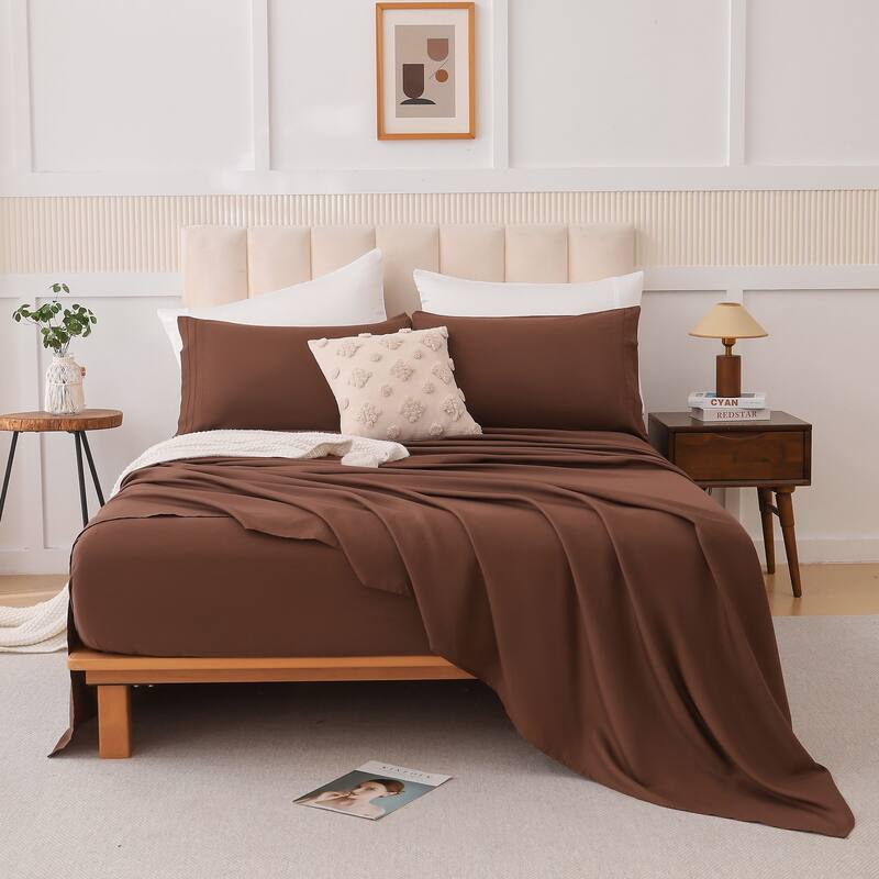 Shatex Soft Skin-Friendly 4-Piece Deep pocket Bed Sheet Set - Brown - King