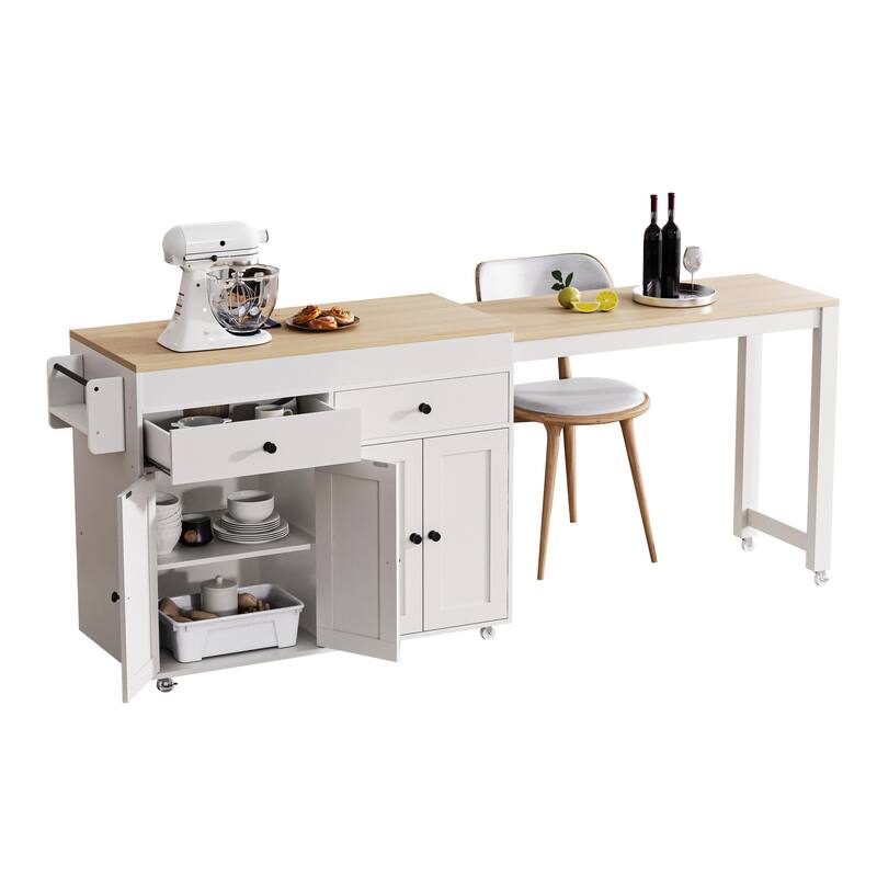Kitchen Island with Extendable Dining Table, Dining Table Set with Spice Rack, Kitchen Storage Cart with 4 Door Cabinet