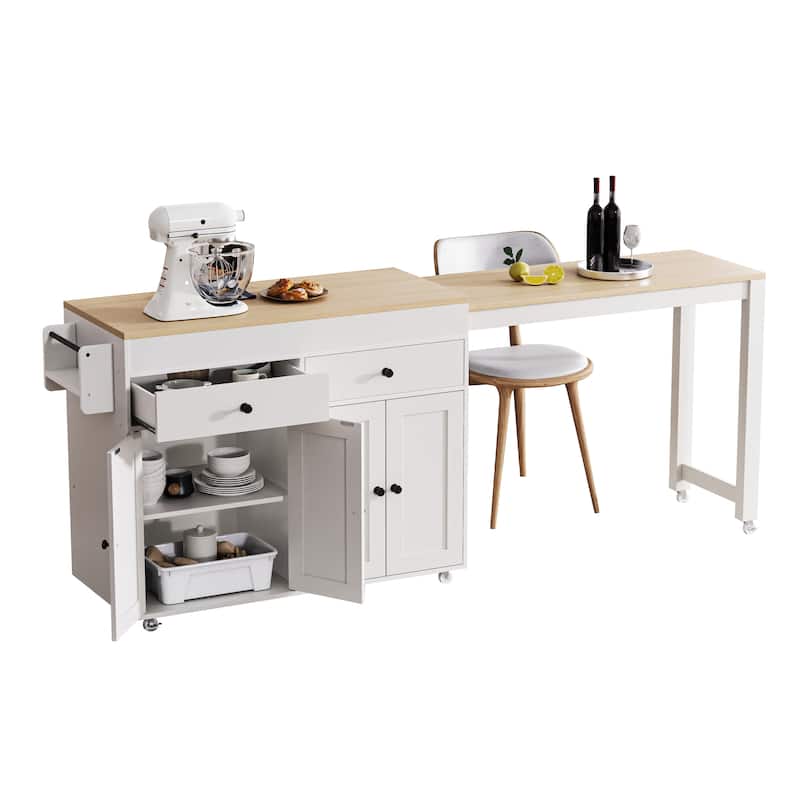 Modern Kitchen Island Rolling Kitchen Island with Extendable Dining Table 2 Drawers 2 Cabinets and Spice Rack, for Kitchen
