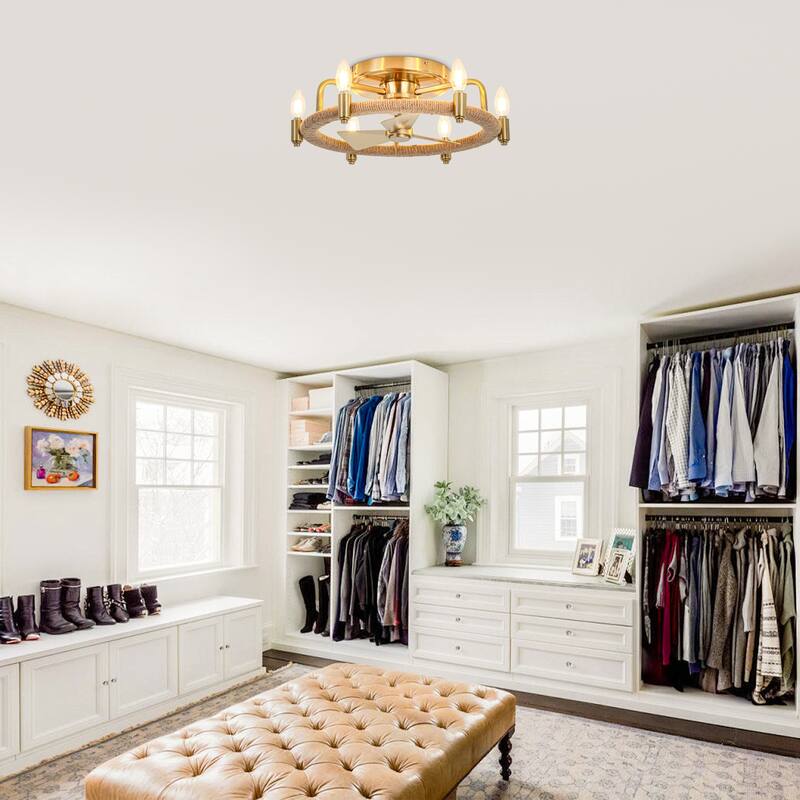 20.4" Gold Hemp Rope Chandelier Low Profile Caged Ceiling Fan with Light - 20.35 in. D x 20.35 in. W x 6.54 in. H