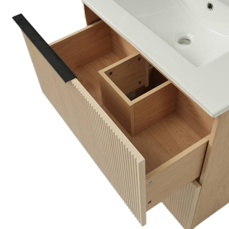 30" Bathroom Vanity with Ceramic Sink and Full-Extension Drawers, Soft Close Undermount Drawer Slides, Fluted Design, Natural