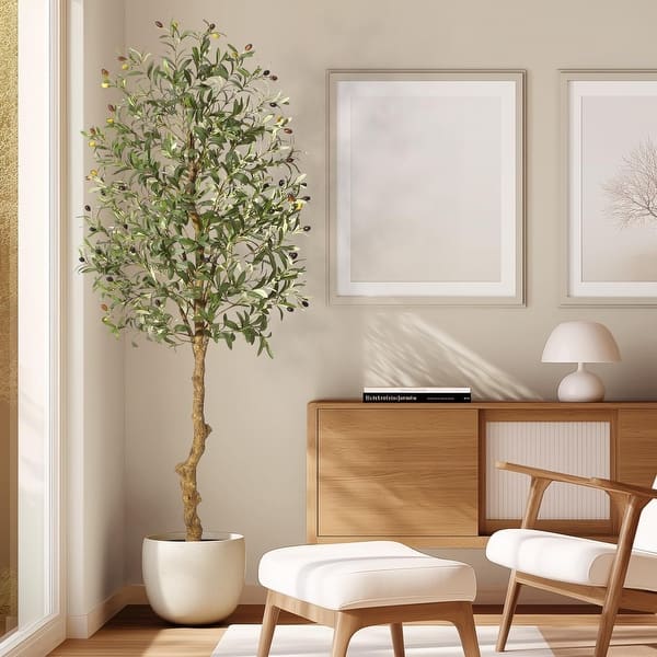 Faux Olive Tree 7FT, Fake Silk Plant for Living Room Decor, Indoor Fake Potted Tree with Green Leaves