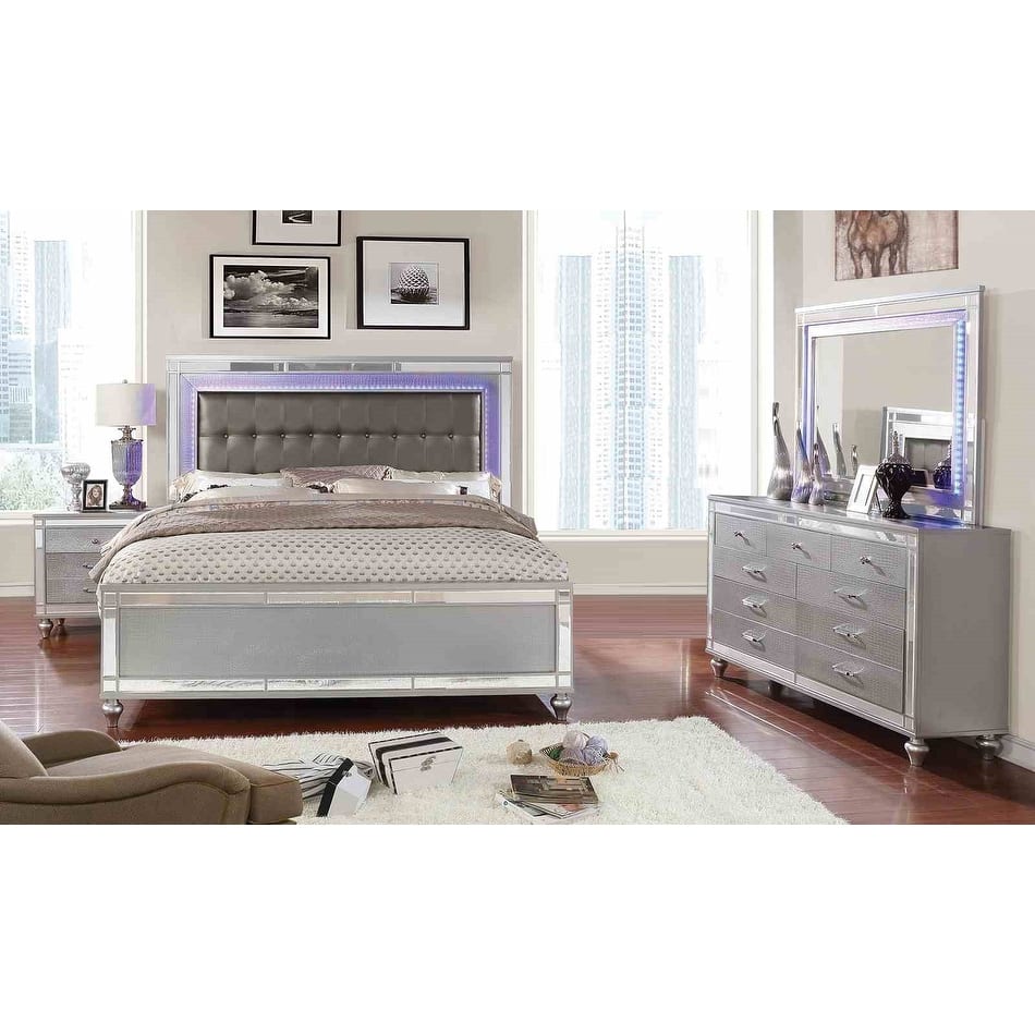 4 Piece Modern Silver Finish Bedroom Set with LED Lights Bed Dresser Mirror Nightstand