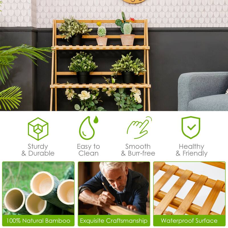 Costway 3 Tier Outdoor Bamboo Flower Pot Shelf Stand Folding Display