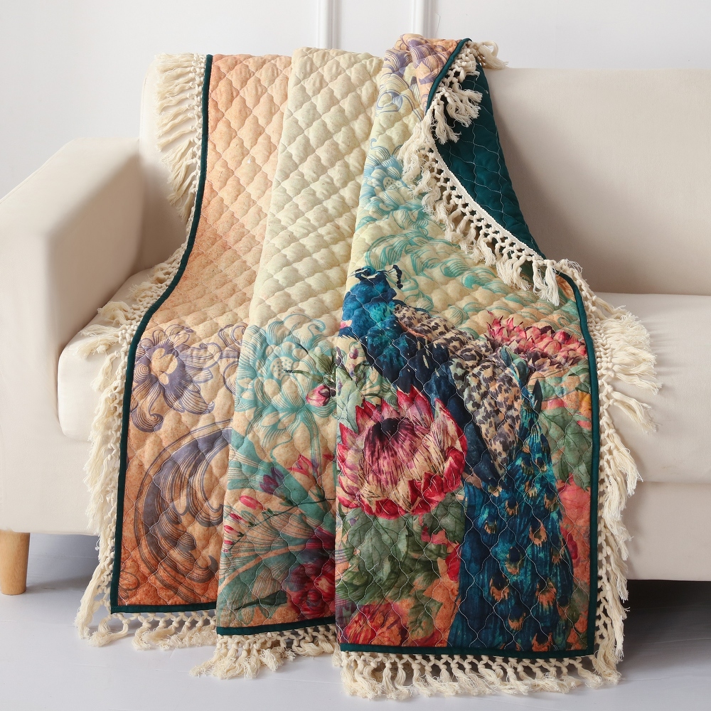 Barefoot Bungalow Eden Peacock Fringed and Quilted Throw Blanket