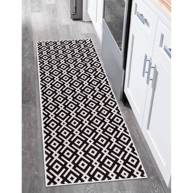 SussexHome Non-skid Ultra-thin Blended Runner Rug - 20" x 59" - Geometric Black
