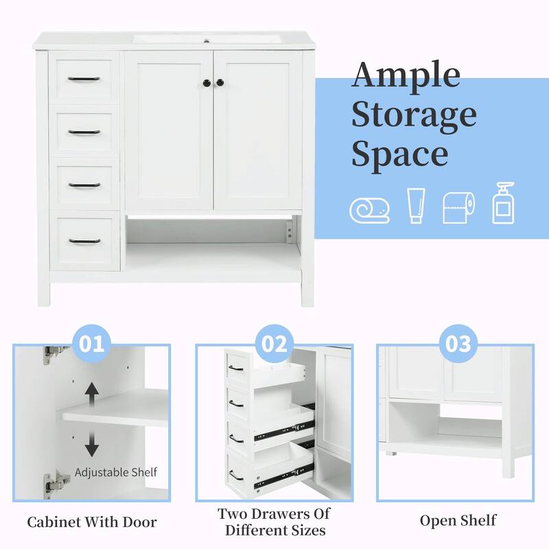 36" Bathroom Vanity - Sink Top, Two Doors, Two Drawers, and Open Shelf