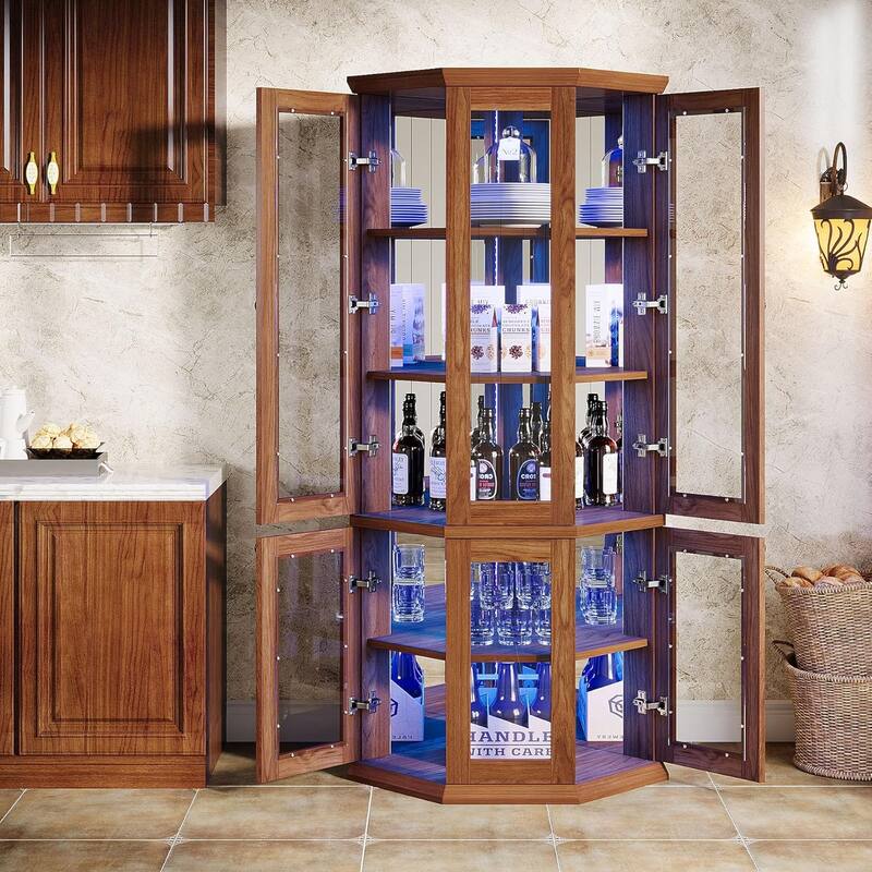 71 Inches Brown Wood Corner Wine Cabinet, 5-Tier Bar Cabinet with Doors & LED Lights for Living Room