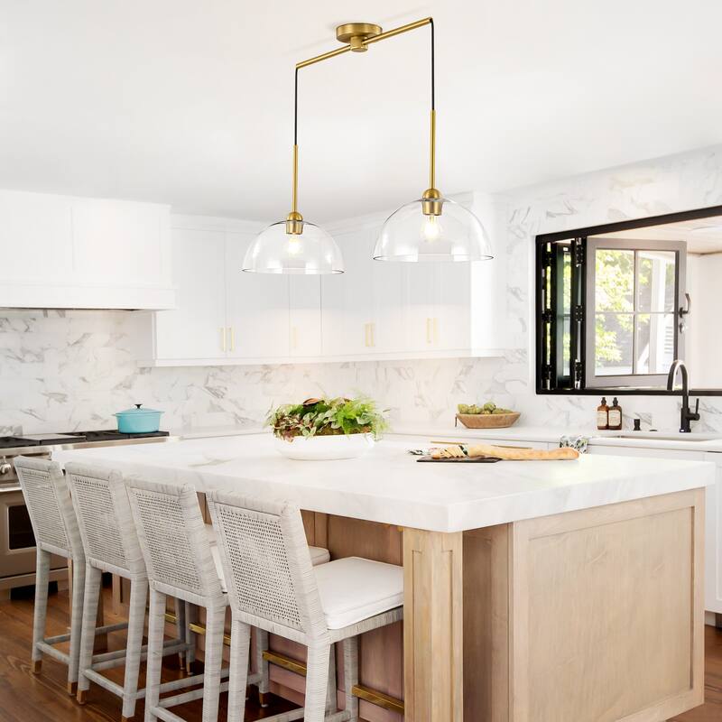 2-Light Modern Gold Linear Dome Clear Glass Globe Bubble Kitchen Island Lights
