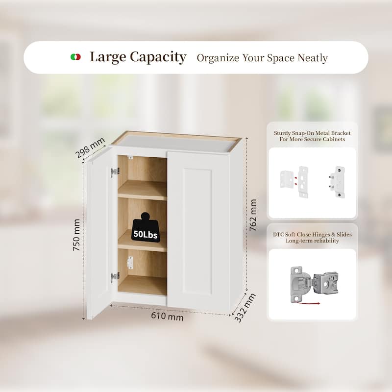 24 Inch White Shaker Double Door Wall Cabinet Solid Wood with 2 adjustable shelves for Kitchen, Bathroom and Garage Storage