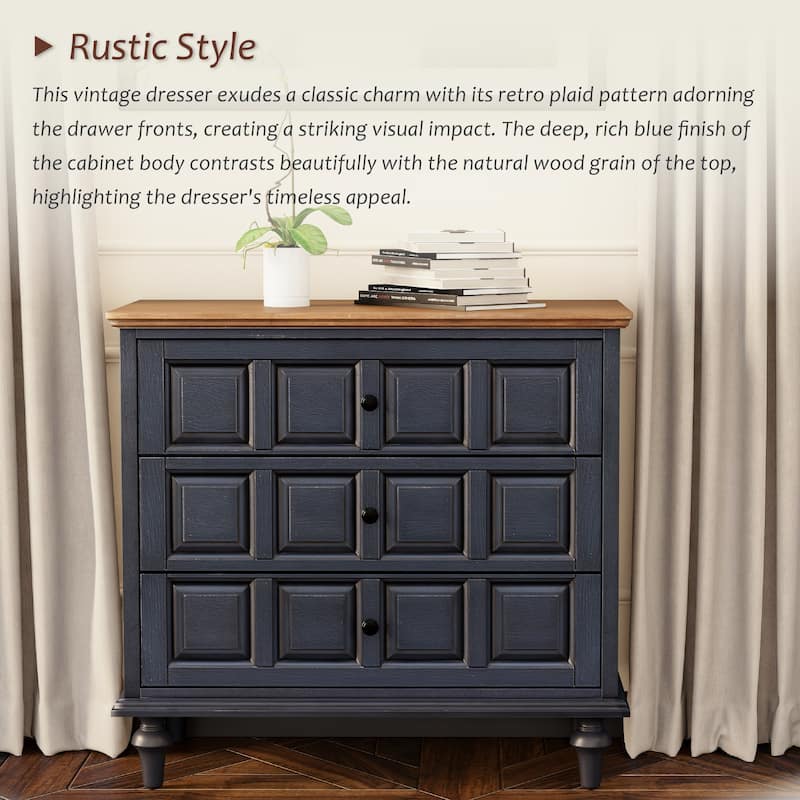 COZAYH Retro 3 Drawer Dresser with Plaid Pattern Front, Rustic Nightstand With Storage Chest For Bedroom, Living Room