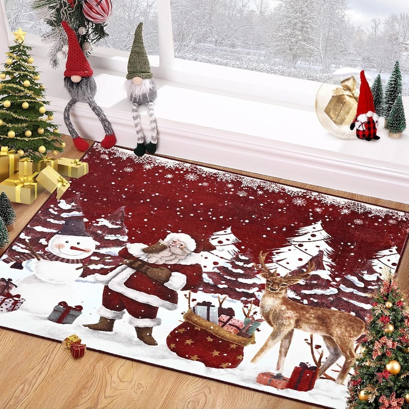 Soft Non-Slip Washable Christmas Santa Claus Aera Rugs, Xmas Holiday Decor, Red