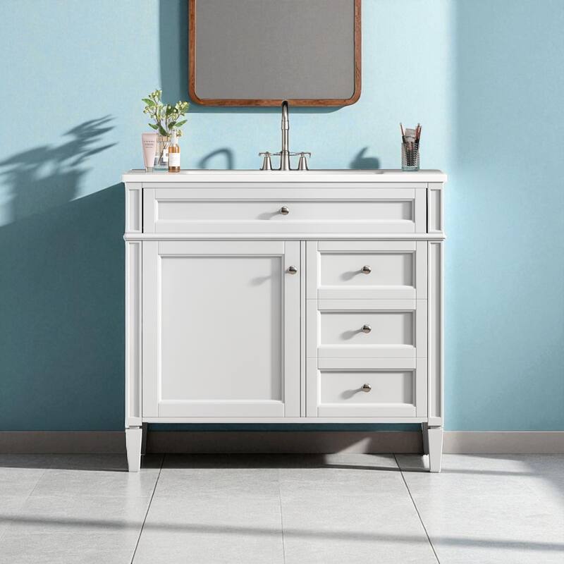 36 Inch Bathroom Vanity with Sink, Freestanding Cabinet with 2 Drawers, Tip-Out Drawer, Soft-Close Door & Resin Basin - White