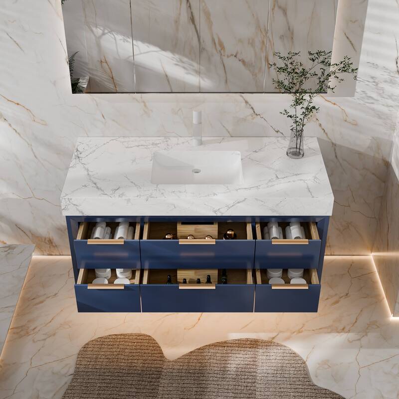 Modland 48" Modern Floating Bathroom Vanity with Single Sink, Soft-Close Drawers, White Stone Countertop