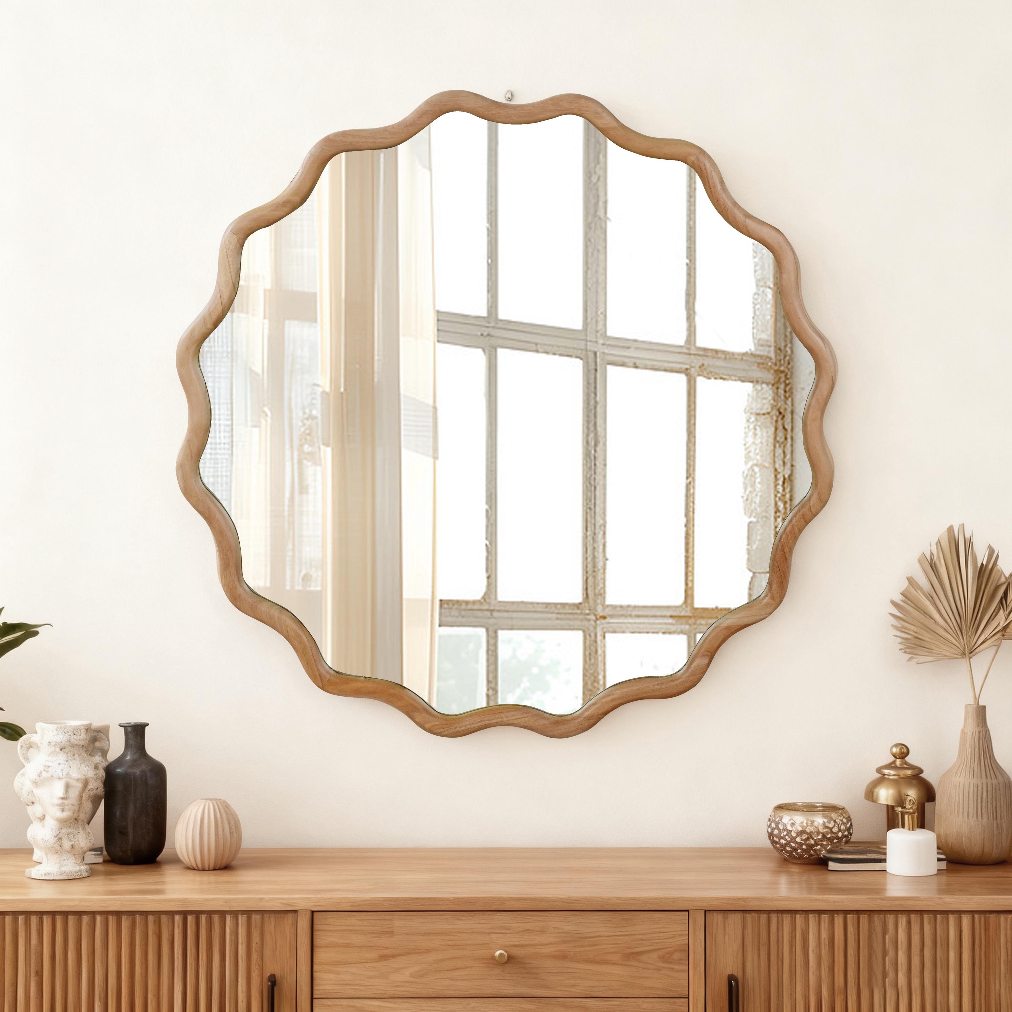 Natural Wood Wavy Round Solid Wood Decorative Mirror - Bedroom, Bathroom, Living Room - Natural Wood