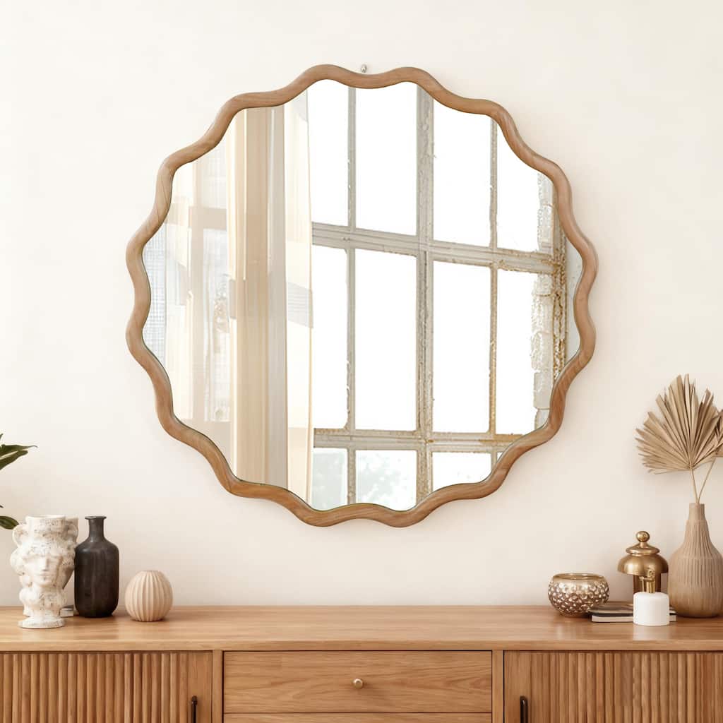 Natural Wood Wavy Round Solid Wood Decorative Mirror - Bedroom, Bathroom, Living Room - Natural Wood