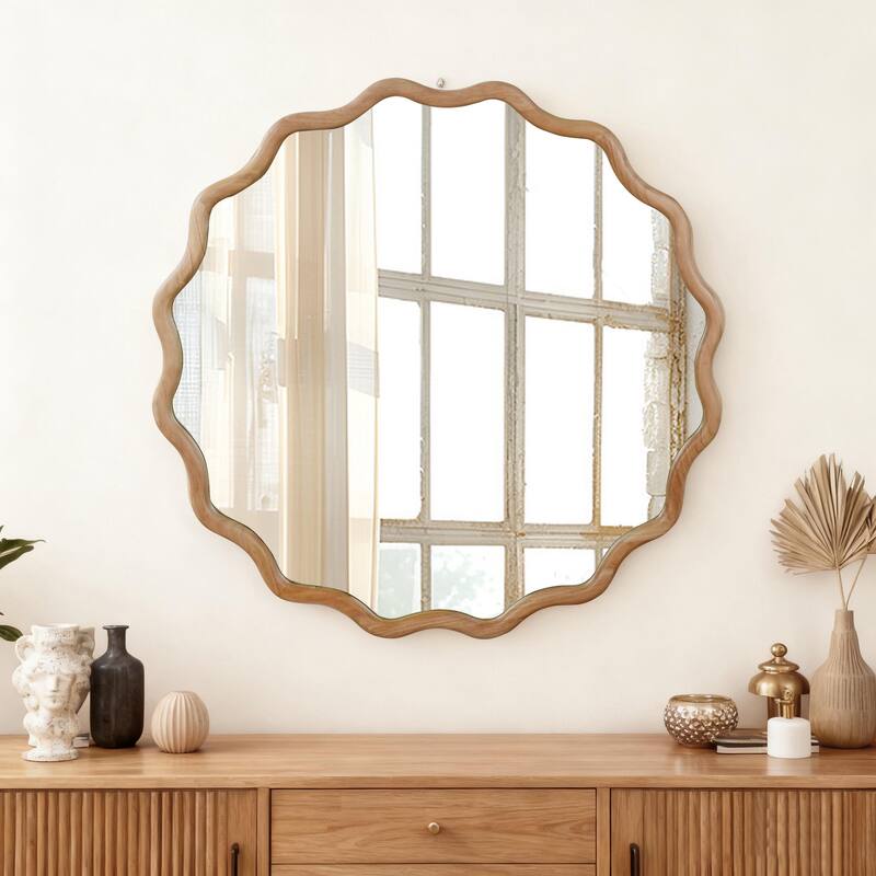 Natural Wood Wavy Round Solid Wood Decorative Mirror - Bedroom, Bathroom, Living Room - Natural Wood