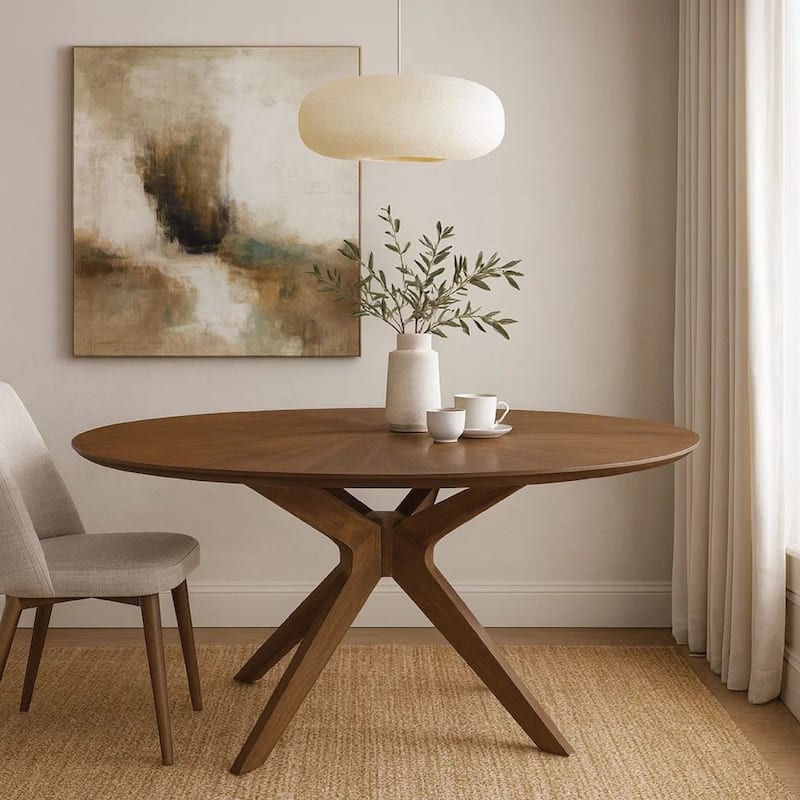 Contemporary 47 Inch Round Wooden Dining Table with Spider Legs, Walnut Brown