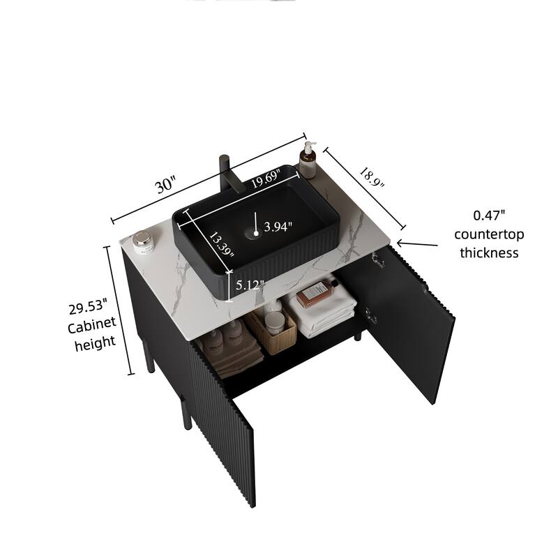 30 Inch Freestanding Bathroom Vanity with Ceramic Basin, Sintered Stone Top & Storage Cabinet